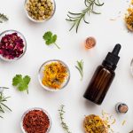 Bottles of essential oil with fresh thyme, cilantro, blooming rosemary, frankincense resin, dried calendula, chamomile, rose petals and sandalwood on a white background